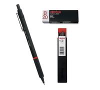 rOtring Rapid Pro Porte-mines | HB 2,0 mm | Corps entièrement métallique noir mat | Lot de 12 recharges Tikky | Gomme B20