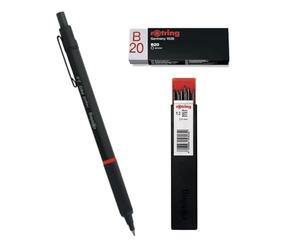 rOtring Rapid Pro Porte-mines | HB 2,0 mm | Corps entièrement métallique noir mat | Lot de 12 recharges Tikky | Gomme B20