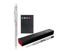 rOtring Stylo à bille 800 | Pointe moyenne | Encre noire | Corps argenté | + Notes adhésives + Recharge de stylo supplémentaire