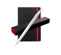 Rotring Stylo à bille métallique 600 avec carnet A5 Deluxe | Pointe moyenne | Encre noire | Corps blanc perle avec poignée moletée antidérapante | Rechargeable | Coffret cadeau d'écriture classique