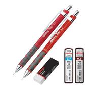 rOtring Tikky Ensemble de porte-mines HB 0,50 mm et 0,70 mm - Corps rouge - Comprend des mines HB Hi-Polymer et une gomme de qualité supérieure - Kit de dessin et d'écriture de précision pour