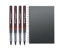 rOtring Tikky Graphic Fineliner Lot de 4 stylos à pointe fine avec 4 épaisseurs différentes Encre noire + carnet à spirale A5