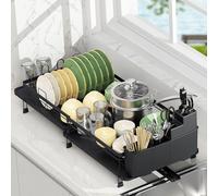 Rottogoon Égouttoir à vaisselle extensible, multifonctionnel et réglable avec bec pivotant et égouttoir à vaisselle antirouille avec porte-couverts et gobelets amovibles pour comptoir de cuisine, noir