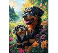 Rottweiler avec Son Chiot dans Le Jardin Fleuri 1000 Pièces Puzzle Débutant en Carton sans Déformation Mythes Conte de fées Facile Apprentissage Anti-Stress Passe-Temps Idée Cadeau Saint