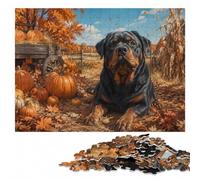 Rottweiler Dog with Pumpkins and Autumn Leave Puzzle en Bois, None pièces | Cadeau puzzle - activité d'intérieur le w nd en intérieur.