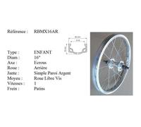 ROUE 16"" VTT & BMX ARRIERE JANTE ALU SIMPLE PAROI ARGENT FREIN PATIN MOYEU ALU ECROUS ROUE LIBRE 1V (305X21)