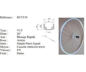 Roue 26" VTT Arriere Jante ALU Simple PAROI Argent Frein Patin MOYEU ALU Blocage Rapide Cassette 8/9V