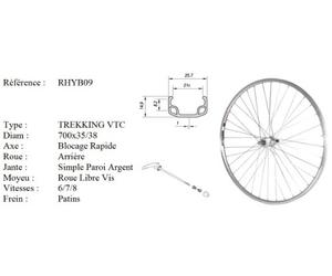 Roue 28" VTC Arriere Jante ALU Simple PAROI Argent Frein Patin MOYEU ALU Blocage Rapide Roue Libre 5/6/7/8V