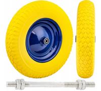 Roue de brouette PU pleine increvable - 100 kg charge - jante métallique 390 mm avec double roulement à billes - axe inclus - jaune/bleu pour chariot de jardin, chantier et agriculture