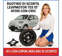Roue de secours 15" Leapmotor T03 4 trous avec cric - Noir, Acier, 5 boulons