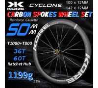 Roues de course sur route KORE Carbon Spokes Wheels 700C, jeu de roues tubeless, frein à disque, moyeu 36T/60T HG XDR, jantes carbone 1199g, jeu de roues pour vélo de route Black 24-30mm