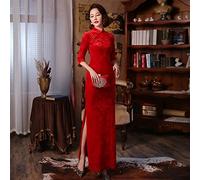 Rouge 3/4 manche longue cheongsam velours slim robe mère robe élégante robes de soirée traditionnelle plus taille Qipao (Color : Red 1, Size : M)
