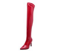 Rouge,36 EU,Bottes au-Dessus du Genou pour Femmes, Talons Aiguilles, Bout Pointu, Cuir Verni, 3,7 Pouces, Bottes d'automne avec Fermeture éclair, Chaussures de Danse Longues