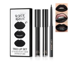 Rouge à lèvres liquide mat noir 3 en 1 avec gloss à lèvres et crayon à lèvres, imperméable et durable pour un look de maquillage audacieux au quotidien et aux nuits de fête, couleur noire hautement
