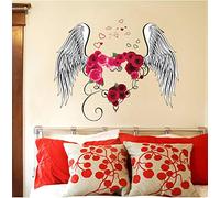 Rouge Amour Coeur Rose Fleurs Ange Ailes De Plume Sticker Mural Chambre Salon Amour Décoration de La Maison Vinyle Doux Maison Stickers Muraux 75 * 93 cm