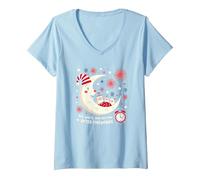 Rouge, Blanc et l'heure du Coucher après Le feu d'artifice T-Shirt avec Col en V, Femme, Bleu Céleste, XL