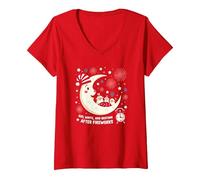 Rouge, Blanc et l'heure du Coucher après Le feu d'artifice T-Shirt avec Col en V, Femme, Rouge, XXL