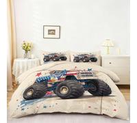 Rouge Bleu Parure de Lit 3 Pièces, Douce Literie Toutes Saisons 220 X 240 | Housse de Couette Style Américain Zippée, Parure de Lit Monster Truck Façon Dessin Animé en Microfibre Infroissable