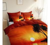 Rouge Brique Housse de Couette 240 x 260 cm, avec 2 Taies d'oreiller 65x65 cm, MotifArt Numérique Plage Tropicale, Parure de Lit avec Fermeture Éclair, Couette 4 Saisons