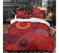 Rouge Circular s Linge de Lit Microfibre Résistante 3D Imprimée 3 Pièces 2xTaies Ultra Douce Abstrait Mandala Housse de Couette Confortable Entretien Facile for Adultes Enfants Single（135x200cm）