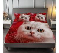 Rouge Drap Housse 140 x 200 cm Thème des Fêtes avec des Chats, Doux Résistant Anti-Plis Élastique Tout Autour - Antidérapants Résistant aux Rides Drap Housse en Microfibre