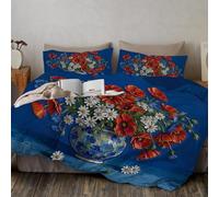 Rouge et Bleu Housse de Couette 200x200cm Style de Peinture à l'huile Parure de Lit Réversible avec Fermeture Éclair, Housse de Couette Imprimée Coquelicot Marguerite et 2 Taie d'oreiller 65x65cm