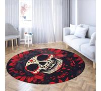 Rouge et Noir Lavable à Poils Ras Doux Rond Tapis Abstrait crâne en Sucre Motif Tapis de Cercle antidérapant pour Vivre la décoration de la Chambre à Coucher à la Maison 244cm(Rond)