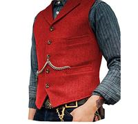 Rouge Gilets Sans Manche Désinvolte Homme Costume Formel Gilet de Costume de Tailleur en Lainage la Laine Tweed Rétro Arête de Hareng col Cranté élégant Garçons d'Honneur de Mariage de Bal-3XL