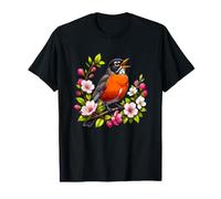 Rouge-Gorge américain Chantant sur Une Branche de Fleurs printanière T-Shirt