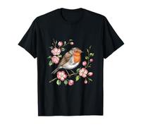 Rouge-gorge européen perché parmi des fleurs roses en fleurs T-Shirt