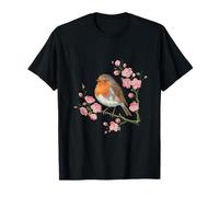 Rouge-gorge européen perché parmi des fleurs roses en fleurs T-Shirt
