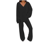 Rouge Homme 2 pièces pour Femme, Haut surdimensionné à col en V, Jambes Larges, Pantalon Long, Tenue de survêtement Petit Portefeuille Monnaie (Black, L)