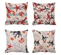 Rouge Housse Coussin 50x50cm Lot de 4 Housses de Coussin Coquilles corail Double Face Lin Exterieur Impermeable Coussin Canape Decoratif Taie d'oreiller pour Chambre Chaise Jardin Coussins PJ-4050