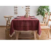 Rouge Nappe Rectangulaire 140x200cm Coton et Lin Nappe de Jardin Pompon Décoration Imperméable Nappe à Carreaux Nappe Cuisine Picnic Partie - Faite à la Main