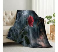 Rouge Noir Polaire Flanelle Couverture 180 x 200 cm, Photographie Fleurs Chaude Moelleuse Couvertures Pour Toutes Saisons, Roses Rouges Lune Fumée Douce Confortable Couverture pour Lit Canapé Fauteuil