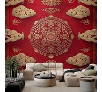 Rouge Papier Peint Panoramique 350L x 256H cm, Style Chinois Nuages de Bon Augure Vagues Papier Peint pour Salon Chambre à Coucher - Fresque Murale Moderne Décoration, Art Mural Poster pour Bureau