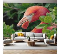 Rouge Papier Peint Panoramique Feuilles vertes et flamant rose 3D Trompe L'oeil Moderne Papier Peint 250 x 175 cm Grandes Murales Poster pour Salon, Adulte Chambre d'enfants, Étude Décor