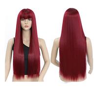 Rouge Perruque pour Femme Naturelle Longue Droite avec Frange, 75cm Perruque Synthétique Cheveu, Long Red Straight Hair Wig with Bangs for Women