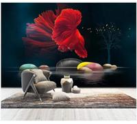 Rouge Petits Poissons Arbres Oiseaux Galets Papier Peint 3d Moderne Soie Texturée Haut De Gamme IdéAl Pour Le Salon Et La Chambre à Coucher-300cm×210cm