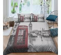 Rouge phone box Housse de Couette résistante 3 Pièces 3D Imprimée Facile d'entretien Urban london scène Ensemble De Literie avec Taie d'oreiller Ultra Douce for Garçons Adolescents Double（200x200cm）