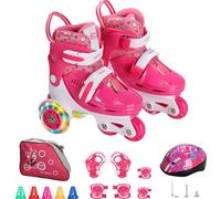 (rouge rosé, M (30-33)) Patins à roulettes pour enfants avec roues LED éclairées pour enfants, patins à roulettes, chaussures pour Inclus un set de 6 protections pour 5-8 ans