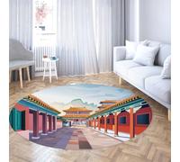 Rouge Sarcelle d’Or Rond dortoir Tapis Lavable antidérapant Vintage à Poils Ras léger Chenille imprimé Tapis de Sol pour Chambre à Manger Bureau à Domicile Palais Oriental passerelle 180cm