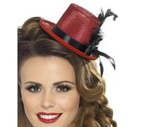 Rouge Scintillant Mini Haut Chapeau Avec Plumes Burlesque Show Girl Déguisement
