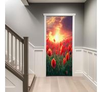 Rouge Sticker Porte 3D, Champ De Pavots Au Coucher Du Soleil Moderne Autocollant Poster de Porte Auto-adhésif Vinyle, Affiche Sticker Mural Chambre Salle de Bain Papier Peint Art Déco, 80 x 210 cm