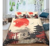 Rouge Sun Rising Housse de Couette Hypoallergique 3 pièces 3D Imprimée Résistante Japanese Landscape Art Parure de Lit avec 2 Taies d'oreiller Léger for Adulte Enfants Filles King（220x240cm）
