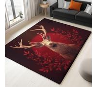 Rouge Tapis Salon Art Numérique Cerf Feuilles Intérieur Doux en Flanelle Tapis de Chambre, Poil Court Moderne Lavable Antidérapant Moquette, pour Salon Chambre Enfant & Salle À Manger 60 x 90 cm