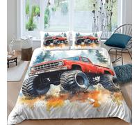 Rouge truck offroad Linge de Lit Microfibre 3 Pièces 3D Imprimée Confortable Vintage monster style Parure de Lit avec Fermeture Éclair Ultra Douce for Décoration de Chambre Double（200x200cm）