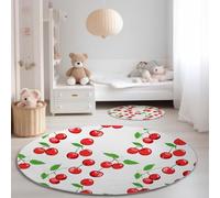 Rouge Vert Tapis de Salon Rond 100 cm, Lavable Poil Courts Feuilles Vertes De Cerisier De Dessin Animé Imprimé Antidérapant Tapis Rond - pour Salle à Manger Chambre d’Enfant Nurserie