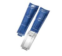 ROUHO 20mm Cuir Sangle Montre Bout Incurvé Remplacement Bracelet Montre Acier Inoxydable Boucle Déployante pour Rolex GMT-Master II-Bleu Clair