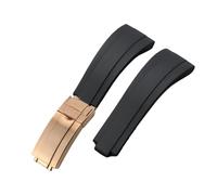 ROUHO 20mm Souple Silicone Caoutchouc Bracelet Montre, Ajustable Fermoir Déployant Bande Montre pour Rolex Daytona GMT Yacht-Master-Noir + Or Rose Boucle
